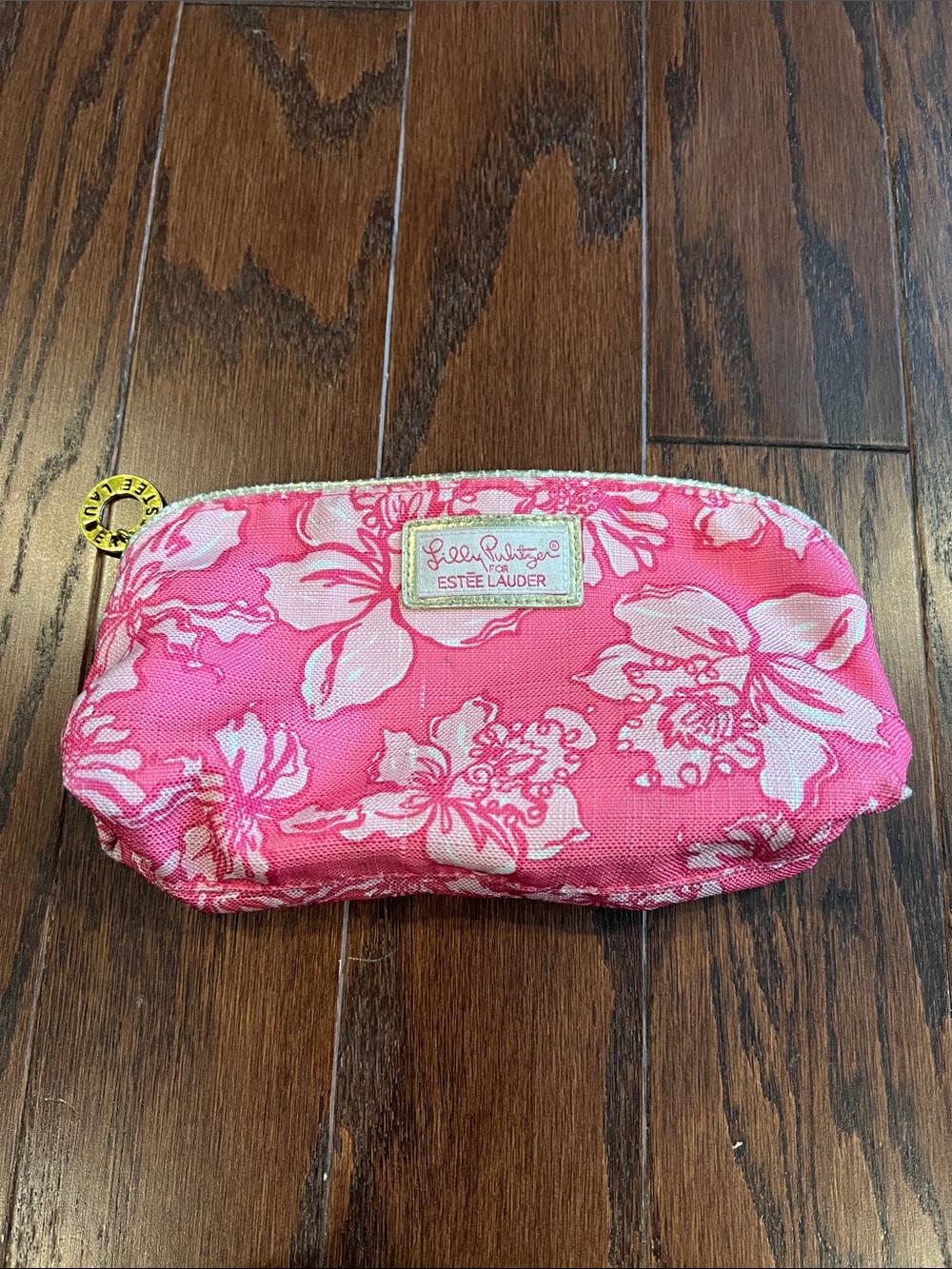 Lilly Pulitzer Pink Floral Canvas Cosmetic Pouch with Gold Zip Pull